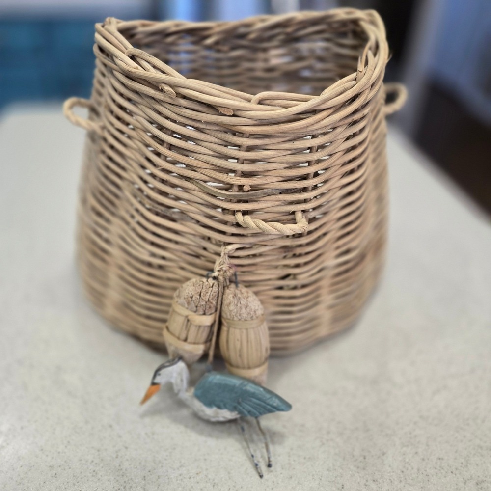 Woven Wicker Wall Hanging Basket with Wooden Heron and fish Charms Coastal Decor